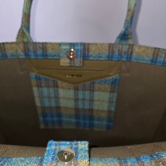 Sandro Paris Wool Tartan Plaid Large Tote Blue Green Snap Top Handle Bag NWT - Picture 5 of 13